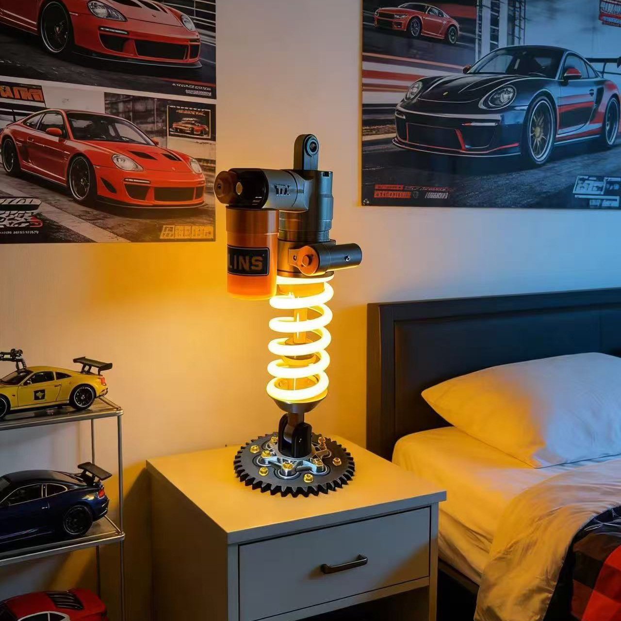 Ohlins-Inspired Suspension Shock Absorber Desk Lamp, Adjustable LED Light for Gamers & Car Enthusiasts