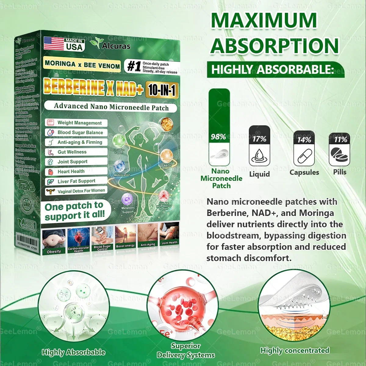 Alcuras® Moringa · Berberine × NAD+ 𝟏𝟎-𝐢𝐧-𝟏 𝐀𝐝𝐯𝐚𝐧𝐜𝐞𝐝 𝐍𝐚𝐧𝐨 𝐌𝐢𝐜𝐫𝐨𝐧𝐞𝐞𝐝𝐥𝐞 𝐏𝐚𝐭𝐜𝐡 — 𝐎𝐧𝐜𝐞 𝐃𝐚𝐢𝐥𝐲, 𝐕𝐢𝐬𝐢𝐛𝐥𝐞 𝐑𝐞𝐬𝐮𝐥𝐭𝐬 𝐢𝐧 𝟕 𝐃𝐚𝐲𝐬