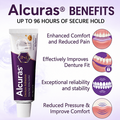 Alcuras® BeePro DentiSeal Denture Adhesive🦷🐝💜 FDA Certified (Clinically Proven 96-Hour Lock Hold with Bee Propolis Gum Comfort for Secure, Comfortable & Zinc-Free Denture Fit)