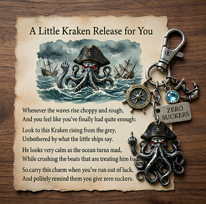 🌊 "Zero Suckers" Kraken Pirate Keychain + Poem Card