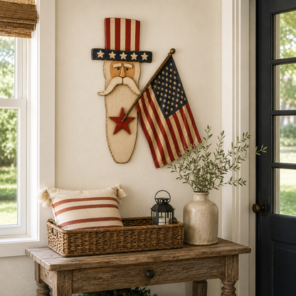 Vintage Uncle Sam Patriotic Wall Hanging with Flag