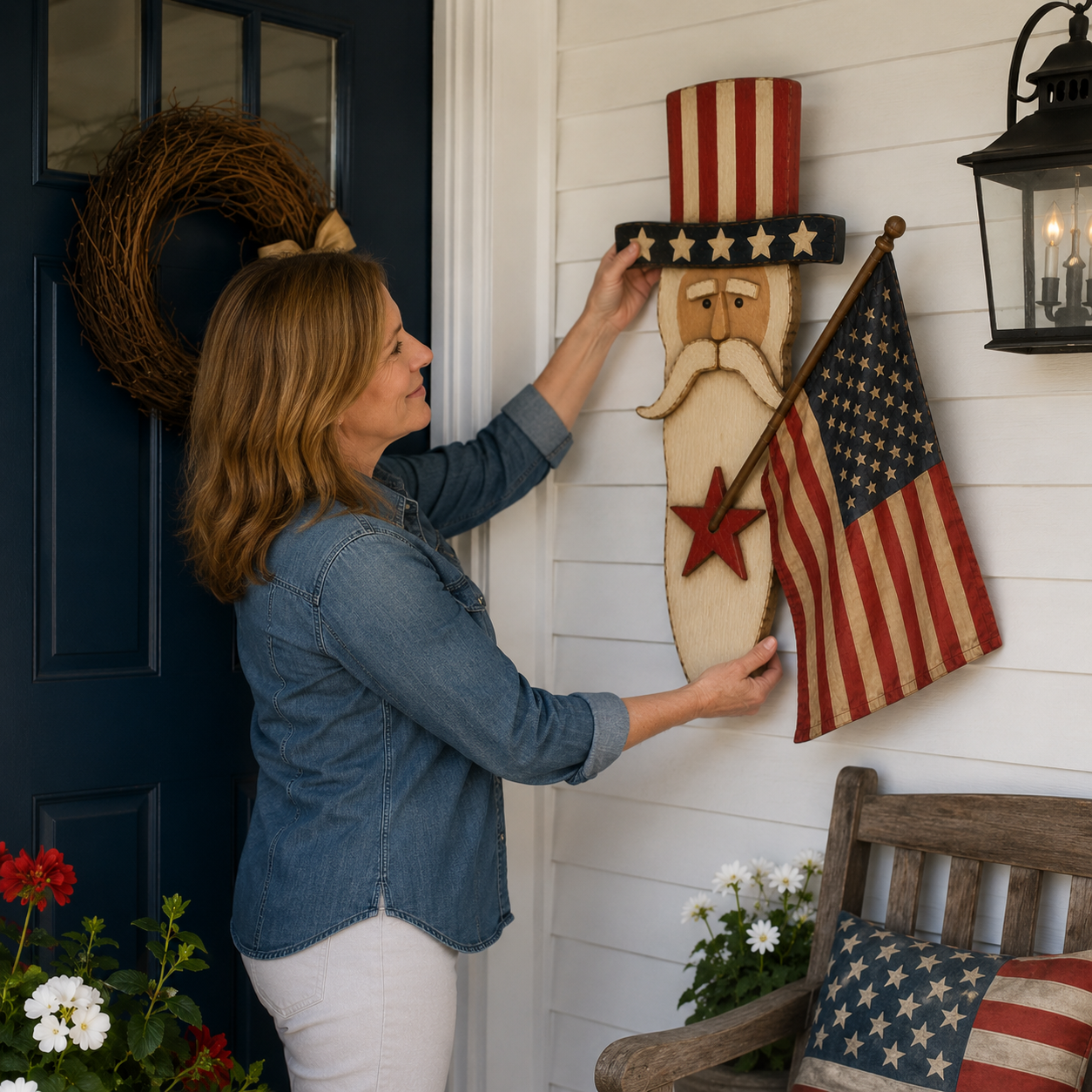 Vintage Uncle Sam Patriotic Wall Hanging with Flag