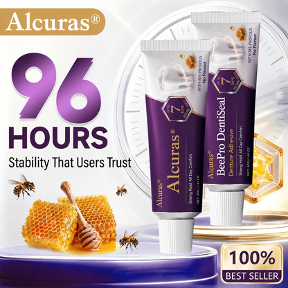 Alcuras® BeePro DentiSeal Denture Adhesive🦷🐝💜 FDA Certified (Clinically Proven 96-Hour Lock Hold with Bee Propolis Gum Comfort for Secure, Comfortable & Zinc-Free Denture Fit)
