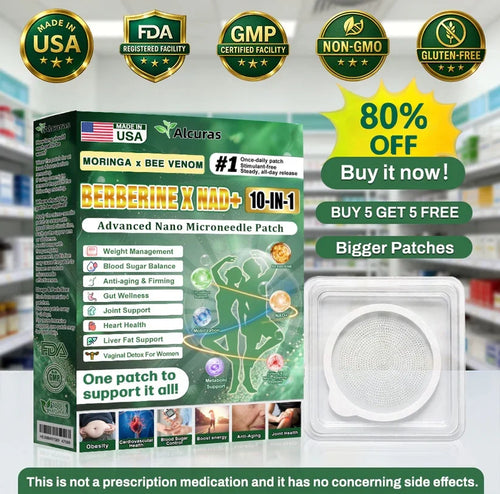 Alcuras® Moringa · Berberine × NAD+ 𝟏𝟎-𝐢𝐧-𝟏 𝐀𝐝𝐯𝐚𝐧𝐜𝐞𝐝 𝐍𝐚𝐧𝐨 𝐌𝐢𝐜𝐫𝐨𝐧𝐞𝐞𝐝𝐥𝐞 𝐏𝐚𝐭𝐜𝐡 — 𝐎𝐧𝐜𝐞 𝐃𝐚𝐢𝐥𝐲, 𝐕𝐢𝐬𝐢𝐛𝐥𝐞 𝐑𝐞𝐬𝐮𝐥𝐭𝐬 𝐢𝐧 𝟕 𝐃𝐚𝐲𝐬