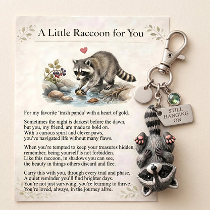 🦝 "Still Hanging On" Trash Panda Keychain & Keepsake Card Set | The Perfect Encouragement Gift 💖