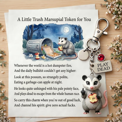 "Zero F*cks Given" Opossum Keychain w/ Custom Birthstone & Funny Poem Card 🐾🗑️