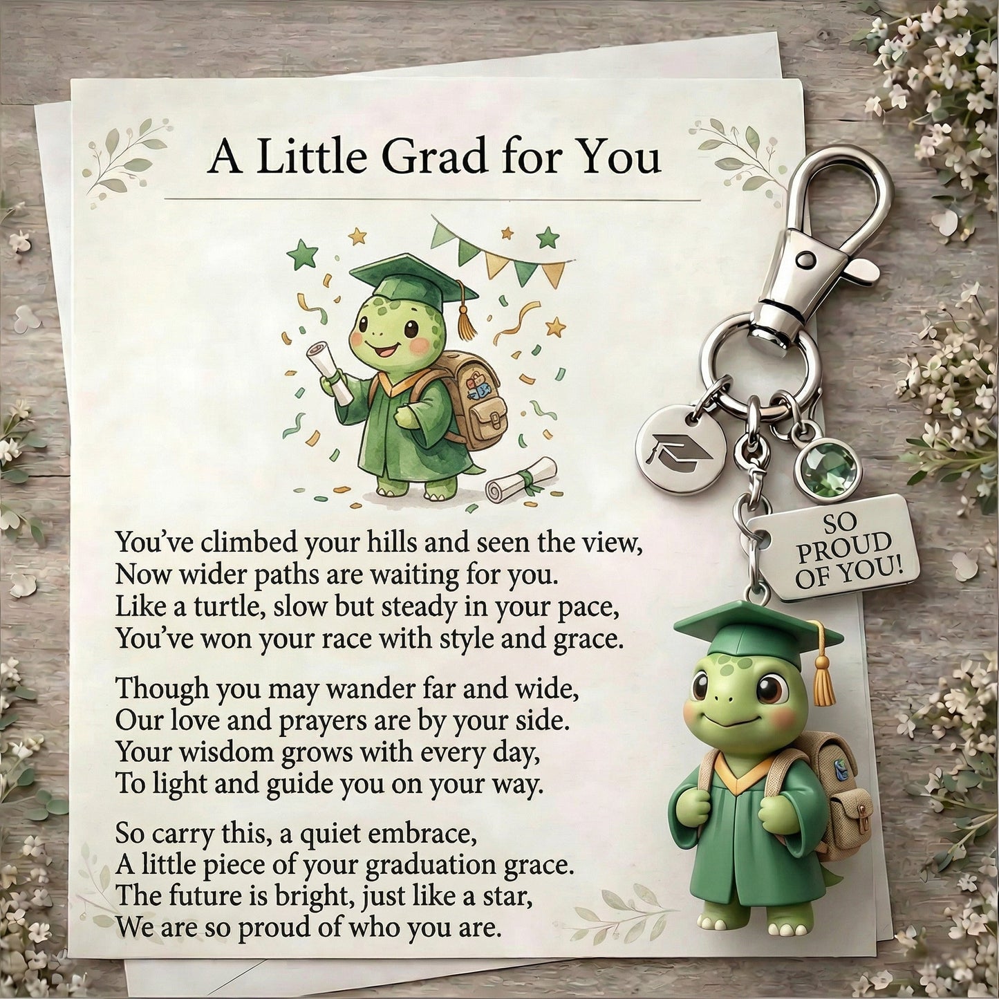 "Slow, Steady & So Proud!" 🐢 The Little Turtle Graduate Keychain & Keepsake Poem Card Set 🎓