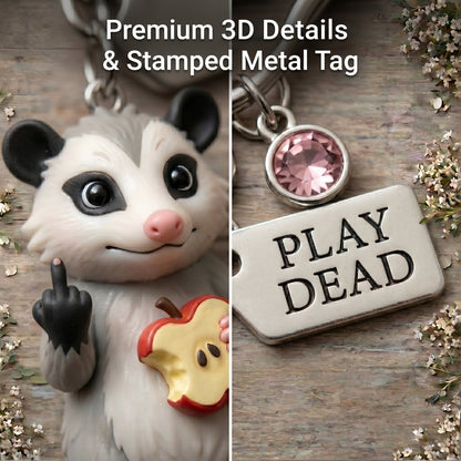 "Zero F*cks Given" Opossum Keychain w/ Custom Birthstone & Funny Poem Card 🐾🗑️