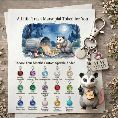 "Zero F*cks Given" Opossum Keychain w/ Custom Birthstone & Funny Poem Card 🐾🗑️