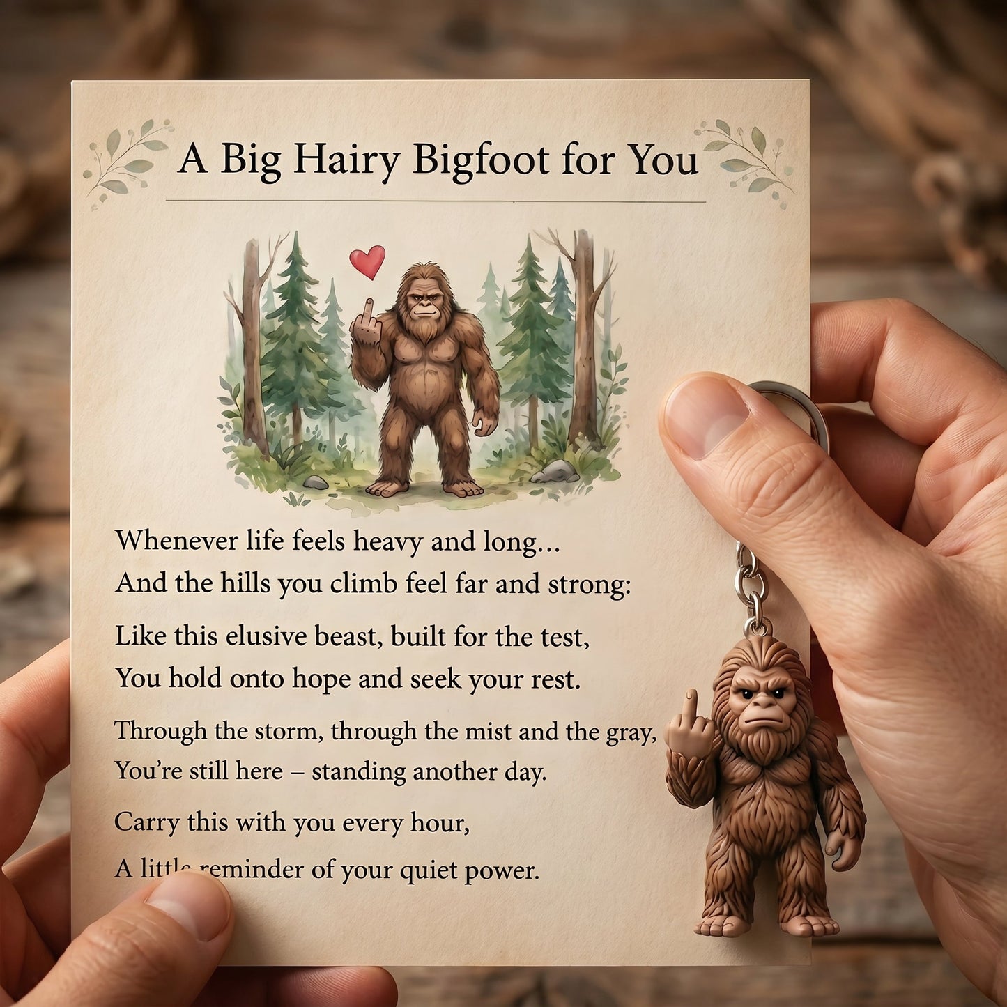The "Still Standing Tall" Middle Finger Bigfoot Keychain & Poem Card 🌲🖕🤎
