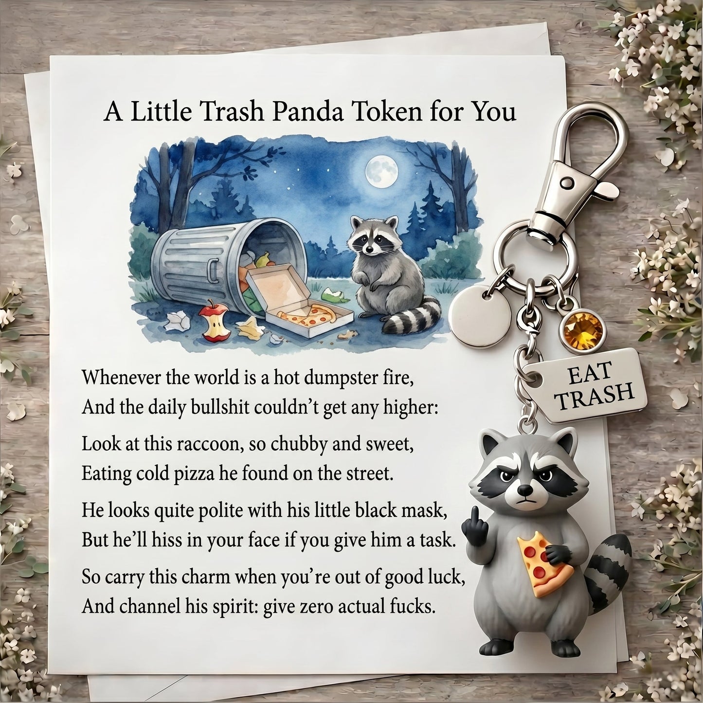 The "Zero F*cks" Trash Panda Keychain & Poem Set 🦝🍕 | Ultimate Dumpster Fire Survival Gift