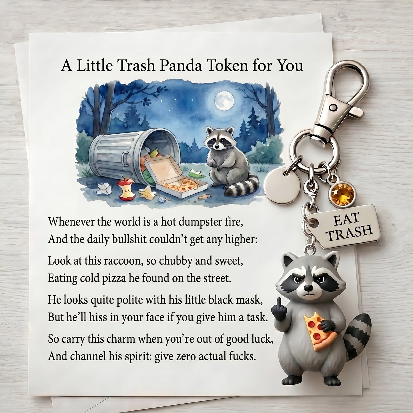The "Zero F*cks" Trash Panda Keychain & Poem Set 🦝🍕 | Ultimate Dumpster Fire Survival Gift