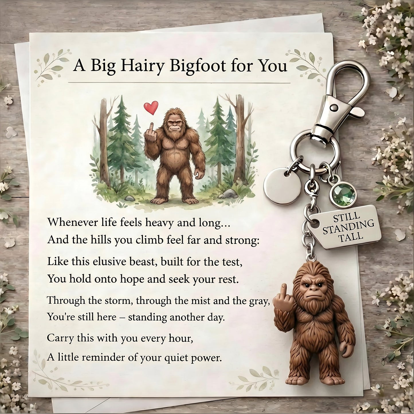 The "Still Standing Tall" Middle Finger Bigfoot Keychain & Poem Card 🌲🖕🤎