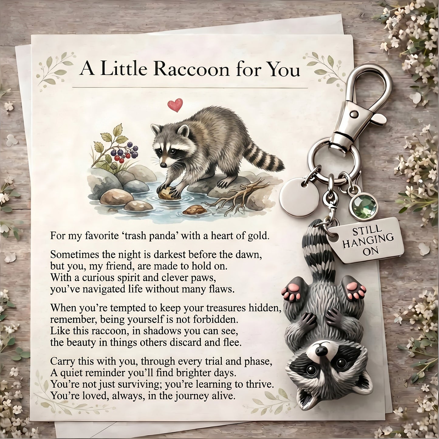 The "Zero F*cks" Trash Panda Keychain & Poem Set 🦝🍕 | Ultimate Dumpster Fire Survival Gift